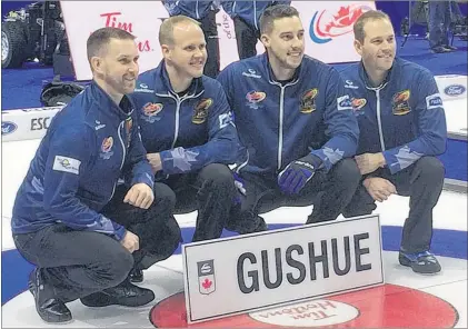  ?? ROBIN SHORT/THE TELEGRAM ?? The St. John’s rink of (from left) Brad Gushue, Mark Nichols, Brett Gallant and Geoff Walker pose for team photos on Friday, practice day for the Tim Hortons Roar of the Rings Canadian Olympic Curling Trials at the Canadian Tire Centre in Ottawa....