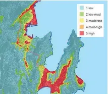  ??  ?? Areas in Wellington with the highest ground-shaking risk are marked in red.