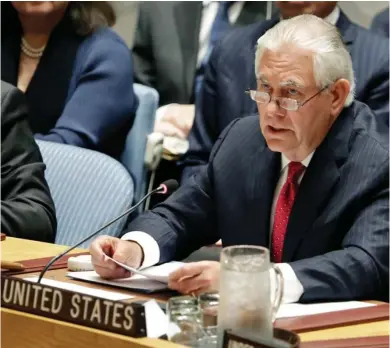 ??  ?? U.S. Secretary of State Rex Tillerson addresses the Security Council at United Nations headquarte­rs, Friday, April 28, 2017. Turning to diplomacy after flexing military muscle, the United States urged the U.N. Security Council on Friday to increase...