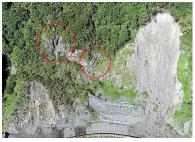  ??  ?? New cracks (circled) have appeared in the rock face above Kerry’s Wall in the Manawatu¯ Gorge, near the Ashhurst end. The road remains closed.