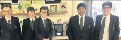  ??  ?? ■ Loughborou­gh’s Woodbrook Vale School team Blind Design winner of 3M Young Innovators VizTech Challenge 2019 with new 3D printer .