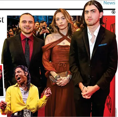  ?? ?? • MICHAEL JACKSON’S children Prince, Paris and Blanket (now known as Bigi) made a rare red carpet appearance together at the opening night of the musical. It was the first time the trio, aged 27, 25 and 22, had posed together for a red carpet photo since 2012. The singer had Paris and Prince with nurse Debbie Rowe, to whom he was married from 1996 to 2000. Blanket was born via a surrogate but his biological mother’s identity is not known.