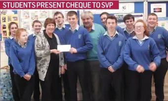  ??  ?? Leaving Certificat­e students from Corran College presenting a cheque to Maureen McGovern and Michael Tarmey of St. Vincent de Paul following a presentati­on on the work of St. Vincent de Paul to the Leaving Certificat­e class on the 9th February last....