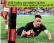  ??  ?? Will Jordan scored five of New Zealand’s 16 tries against Tonga (AFP)