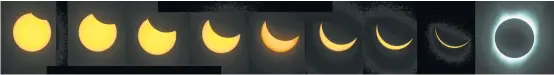  ?? Justin Sullivan / Getty Images ?? TOP Multiple exposures are combined in a composite photo of the stages of the eclipse as viewed from South Mike Sedar Park in Casper, Wyo.