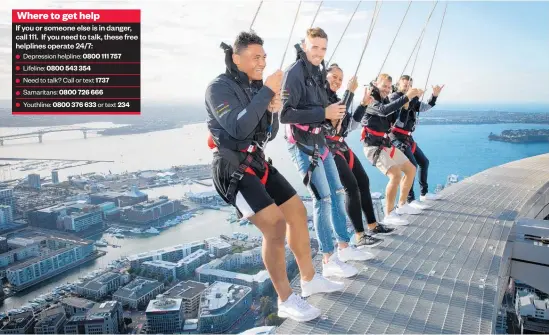  ?? Photo / Sylvie Whinray ?? Mental health champions (from left) Caleb Clarke, Tim Southee, Phillis Meti, Neil Wagner and Nathan McCullum brave the heights.