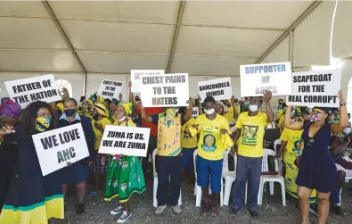  ?? Picture: AFP ?? SHOWING LOVE. Supporters of former president Jacob Zuma celebrate during his ‘welcome prayer’ in Durban, yesterday, following his release from prison on medical parole last month.