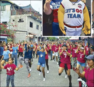  ?? ?? Women take part in a Zumba fitness event along Sto. Niño street in Payatas, Quezon City on March 12. The event also featured the mascots of Sen. Bong Go and Quezon City councilor Mikey Belmonte (inset).