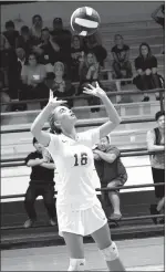  ?? Westside Eagle Observer/MIKE ECKELS ?? Destiny Mejia passes the ball to another Lady Bulldog player during the Decatur-Alpena match at Peterson Gym in Decatur.