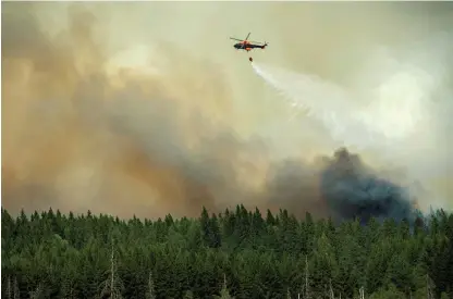  ?? Bild: FREDRIK SANDBERG / TT ?? SKOGSBRAND. En helikopter vattenbomb­ar utanför Gammelby i Västmanlan­d där boende tvingas att lämna sina hem.