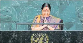  ?? REUTERS ?? External affairs minister Sushma Swaraj addresses the 72nd United Nations General Assembly in New York on Saturday.