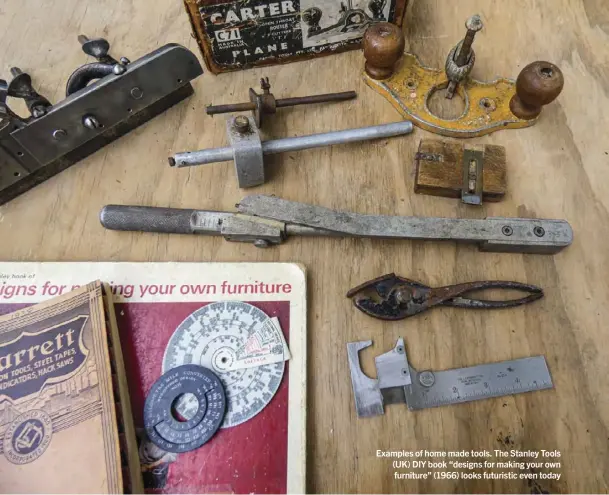  ??  ?? Examples of home made tools. The Stanley Tools (UK) DIY book “designs for making your own furniture” (1966) looks futuristic even today
These three cardboard boxes are for woodworkin­g routers; all show characteri­stic damage caused by the projecting depth-gauge rod