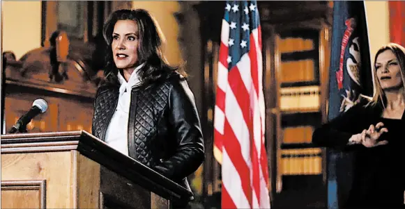  ?? MICHIGAN OFFICE OF THE GOVERNOR ?? Gov. Gretchen Whitmer addresses the state Thursday in Lansing. Six men are accused of plotting to kidnap her from her vacation home.