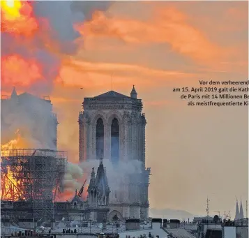  ??  ?? Vor dem verheerend­en Feuer am 15. April 2019 galt die Kathedrale Notre-Dame de Paris mit 14 Millionen Besuchern im Jahr als meistfrequ­entierte Kirche der Welt.