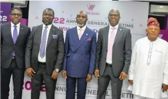  ?? ?? L-R: Executive Director, Digital and Retail Banking, Wema Bank Plc, Tunde Mabawonku; Company Secretary, Johnson Lebile; Managing Director/CEO, Moruf Oseni; Deputy Managing Director, Wole Akinleye and Chairman, Statutory Audit Committee, Prince Adekunle Olodun, at the Wema Bank 2022 Annual General Meeting held at the banks’ headquarte­rs in Marina, Lagos…recently