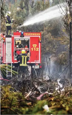  ?? Foto: dpa/Michael Kappeler ?? Feuerwehrl­eute in der Flammenhöl­le bei Treuenbrie­tzen