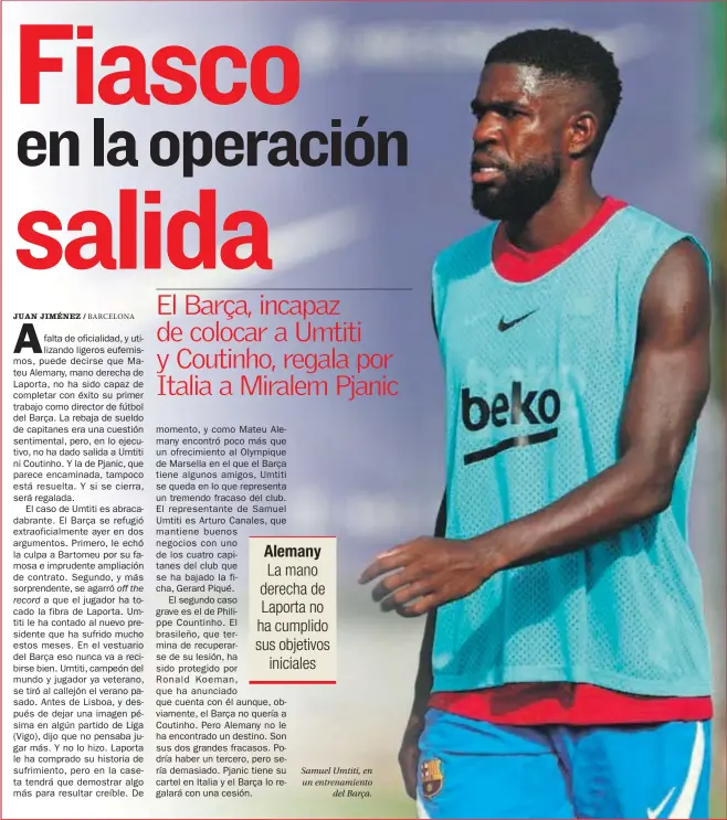  ??  ?? Samuel Umtiti, en un entrenamie­nto del Barça.