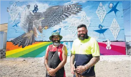  ?? Photos / Michael Cunningham ?? Whanga¯ rei artist Mike Tupaea and Auckland artist Charles Williams, who worked on this Pocket Park mural, will be painting murals as part of Whanga¯ rei’s first internatio­nal street art festival.