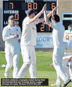  ??  ?? Alnwick celebrate a Cowgate wicket during their Northumber­land and Tyneside Senior League Division A2 clash. PIcture: STEVE MILLER