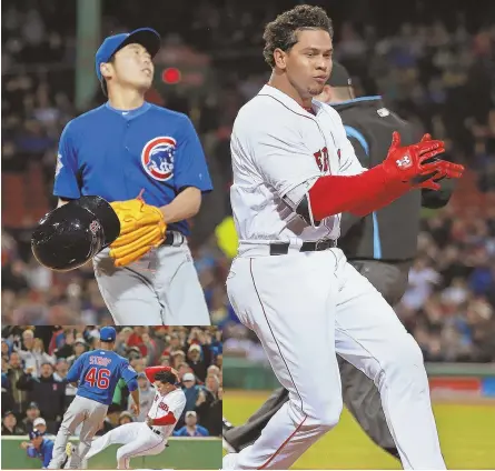  ?? STAFF PHOTO BY MATT WEST ?? SAFE! The Red Sox’ Marco Hernandez beats Cubs reliever Koji Uehara to the bag for an infield hit in the eighth inning of last night’s game. Hernandez came around to score the go-ahead run (inset) on a wild pitch.