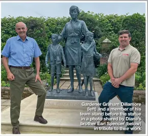  ??  ?? Gardener Graham Dillamore (left) and a member of his team stand before the statue in a photo shared by Diana’s brother Earl Spencer (below) in tribute to their work