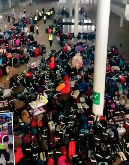  ?? ?? A lot of baggage: Hundreds of suitcases are piled up at Heathrow’s Terminal 2 last week. Inset: A pilot helps to load cases on to an Edelweiss flight at Edinburgh airport yesterday