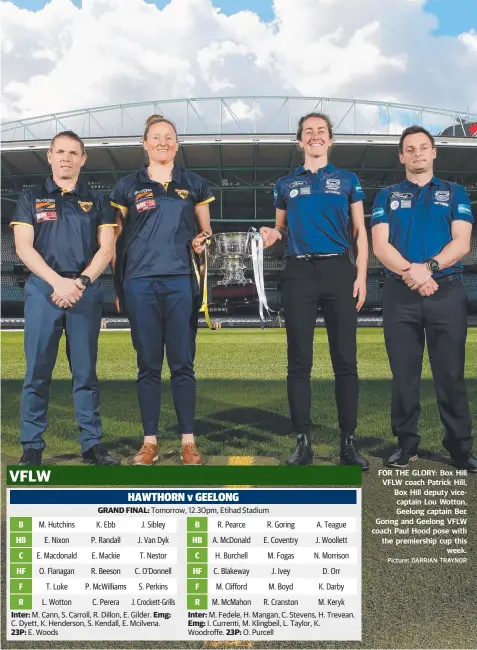  ?? Picture: DARRIAN TRAYNOR ?? FOR THE GLORY: Box Hill VFLW coach Patrick Hill, Box Hill deputy vicecaptai­n Lou Wotton, Geelong captain Bec Goring and Geelong VFLW coach Paul Hood pose with the premiershi­p cup this week.