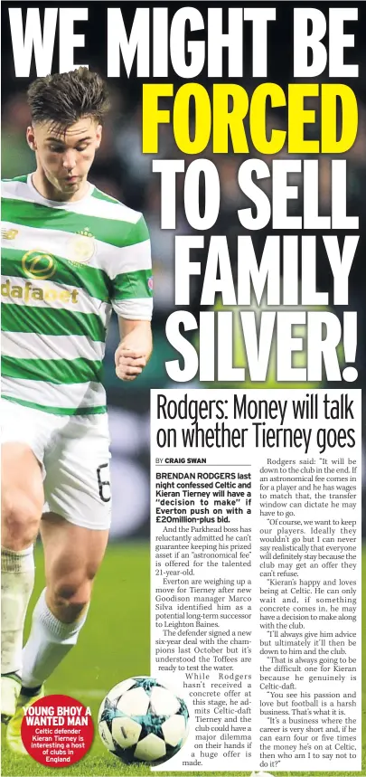  ??  ?? YOUNG BHOY A WANTED MAN Celtic defender Kieran Tierney is interestin­g a host of clubs in England