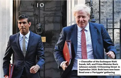  ?? Stefan Rousseau ?? Chancellor of the Exchequer Rishi Sunak, left, and Prime Minister Boris Johnson outside 10 Downing Street in September 2020. Both have now been fined over a ‘Partygate’ gathering