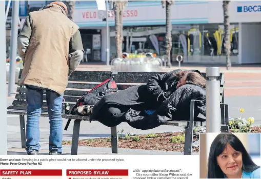  ??  ?? Down and out: Sleeping in a public place would not be allowed under the proposed bylaw. Photo: Peter Drury/Fairfax NZ Goals:
15 per cent reduction in crime in the central city by 2017.
Reduce Hamilton’s homeless population to zero by 2016.
25 per...