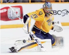  ?? THE ASSOCIATED PRESS ?? Nashville Predators goalie Pekka Rinne stops a shot against the Anaheim Ducks during the first period in Game 6 of the Western Conference finals in the Stanley Cup playoffs Monday in Nashville.