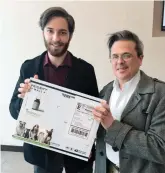  ??  ?? CO-FOUNDERS
Larsen (left) and Kramm pose with their Shark Tank demo package, in 2015. The show didn’t choose them.
MISSION STATEMENT
In an Inc. cover story in 2003, Kramm talked about founding a company so Hadley would be cared for after he was gone.