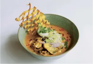  ??  ?? Left Vegetarian fritters. Right Coconut noodles with chicken