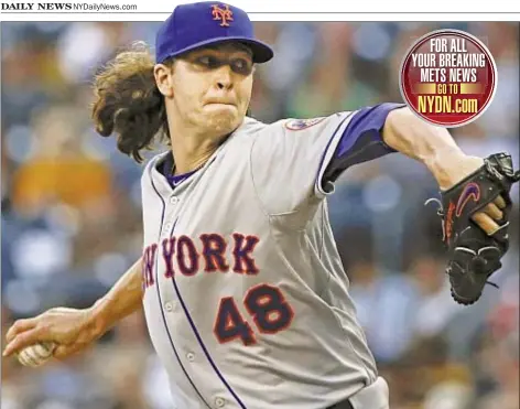  ?? AP ?? Jacob deGrom dominates again by throwing five perfect innings and allows only two hits through eight as Mets get off to a winning start on their West Coast trip with win in San Diego.