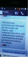  ??  ?? Some of the text messages the couple is exchanging over the phone after he sustained serious facial burns following a vicious hot cooking oil attack by his jealous wife of five years — Tatenda Manziyo — on December 21, 2015.
The callous attack...