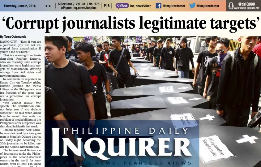  ?? INQUIRER FILE PHOTO ?? www.radyo.inquirer.net MEDIA KILLINGS Thirty-two coffins symbolizin­g the number of journalist­s killed in the 2009 Maguindana­o massacre were carried by militants during a protest procession to Mendiola near Malacañang that was mounted during the third...