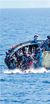  ??  ?? Mered Medhanie, far right, is believed to have profited from overloaded vessels crossing to Italy, similar to one found off the coast of Libya, right