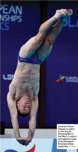  ?? PA WIRE ?? Ireland’s Oliver Dingley in action on his way to finishing fifth in the Men’s 1-metre springboar­d event at the European Championsh­ips yesterday