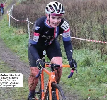  ??  ?? On her bike Janet Tait was the fastest lady at Sunday’s Scottish Cyclo Cross Championsh­ips
