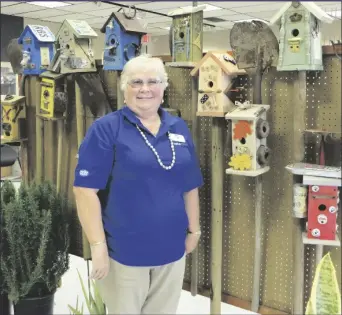  ?? ?? CINDY CAREY, PECAN GROVE GARDEN CLUB PRESIDENT, shows off some of her club’s decorated birdhouses for sale at the plant sale held at the Yuma Home and Garden Show, March 24-26, at the Yuma Civic Center.