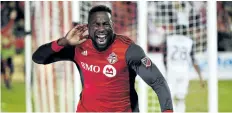  ?? NATHAN DENETTE/THE CANADIAN PRESS ?? Toronto FC forward Jozy Altidore (17) celebrates after scoring against the Philadelph­ia Union during second half MLS soccer action, in Toronto, earlier in the season.