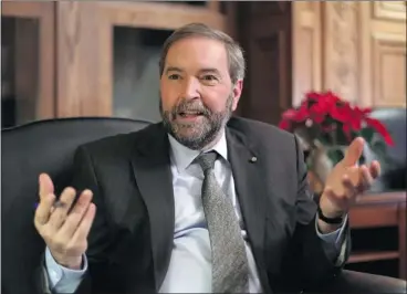  ?? The Canadian Press ?? Opposition leader Tom Mulcair speaks during an interview on Parliament Hill in Ottawa on last week.