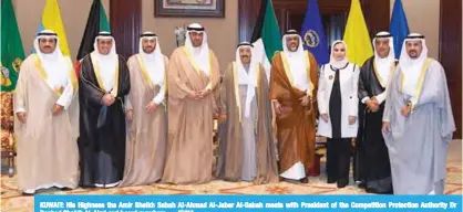  ?? — KUNA ?? KUWAIT: His Highness the Amir Sheikh Sabah Al-Ahmad Al-Jaber Al-Sabah meets with President of the Competitio­n Protection Authority Dr Rashed Shabib Al-Ajmi and board members.