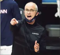  ?? David Butler II / Associated Press ?? UConn coach Dan Hurley reacts from the sideline during a Dec. 20 game against Creighton.