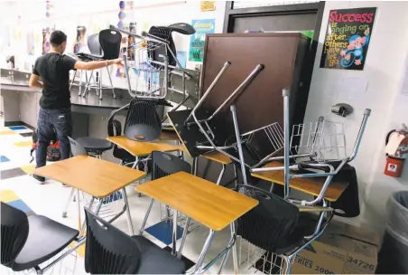  ?? Rachel Denny Clow / Corpus Christi (Texas) Caller-Times 2013 ?? A student barricades a door with furniture during a lockdown drill in 2013 at Moody High School in Corpus Christi, Texas.
