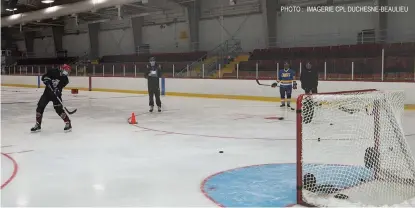  ?? PHOTO : IMAGERIE CPL DUCHESNE-BEAULIEU ?? Au cours de la journée, les hockeyeurs étaient invités à s’affronter dans une série d’épreuves d’habileté sur glace. Ici le participan­t doit atteindre des cibles placées dans chaque coin du filet.