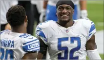  ?? JENNIFER STEWART — THE ASSOCIATED PRESS ?? Detroit Lions outside linebacker Christian Jones smiles after Sunday’s game against the Arizona Cardinals in Glendale, Ariz.