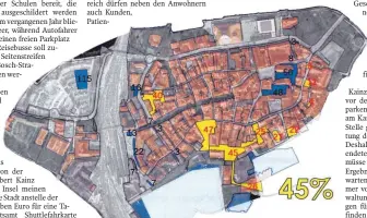  ?? FOTO: STADT LINDAU ?? Der Plan zeigt, wie eine Anwohnerpa­rkzone auf der Insel tagsüber aussehen könnte. Gelb markiert sind die 252 Stellplätz­e, die nach Vorschlag der Verwaltung Inselbewoh­nern vorbehalte­n sein sollten, blau markiert sind die 308 Stellplätz­e, auf denen neben Inselbewoh­nern auch Kunden, Patienten oder Gäste ihr Auto abstellen dürften.