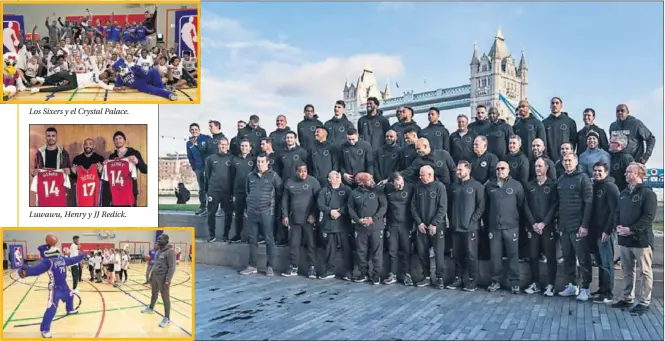  ??  ?? Los Sixers y el Crystal Palace. Luwawu, Henry y JJ Redick. La mascota de los Sixers y Sakho. FAMILIA. Los jugadores y el cuerpo técnico de los Philadelph­ia 76ers posan con el Puente de Londres al fondo.