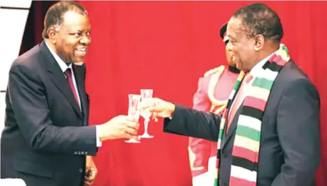  ?? ?? FLASHBACK . . . President Mnangagwa toasts with Namibian President, Hage Geingob, during a dinner hosted in his honour in Windhoek, Namibia, in 2019